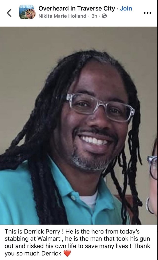 LucaTaner's tweet image. BREAKING: Meet Derrick Perry, the TRUE HERO who stepped up during the Walmart mass st*bbing in Traverse City, Michigan! This brave patriot, armed and ready, helped subdue the suspect until the police arrived. This is the kind of action that the mainstream media won't highlight,…