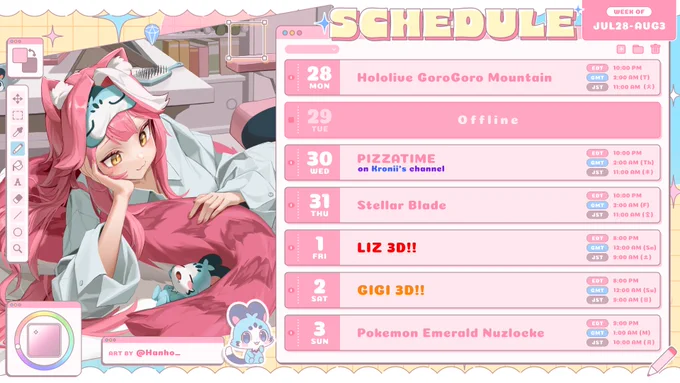@raorapanthera: 🐱SCHEDULE🐱 📅JUL 28 – AUG 3 CIAORA CHATTINI~ !!!💕 I can’t believe it’s finally time for Liz and Gigi’s 3D debuts!!!! LET’S DO OUR BEST TO SUPPORT THEM OK!!!! Also, there might be some gorilla streams at night JST depending on my health! 💞 RRRRAOOOO!!! JUSTICE 3D!!!!…