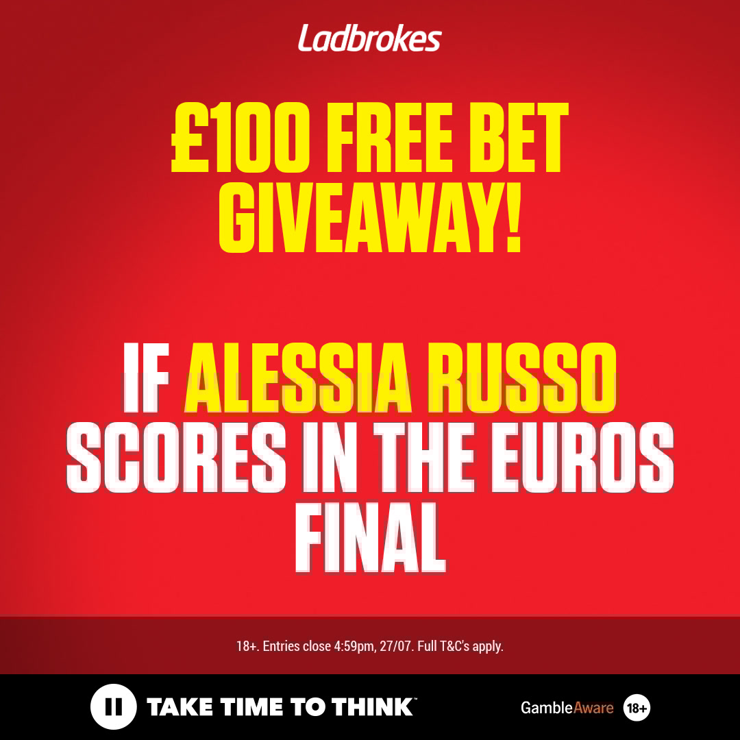 Fancy winning £100 in free bets?! 👀

If Alessia Russo scores in The EUROS Final, one of YOU will win the prize! 🤑

To enter...

1️⃣ Reply with your prediction for the match
2️⃣ Retweet and like this post 
3️⃣ Follow <a href="/Ladbrokes/">Ladbrokes</a>