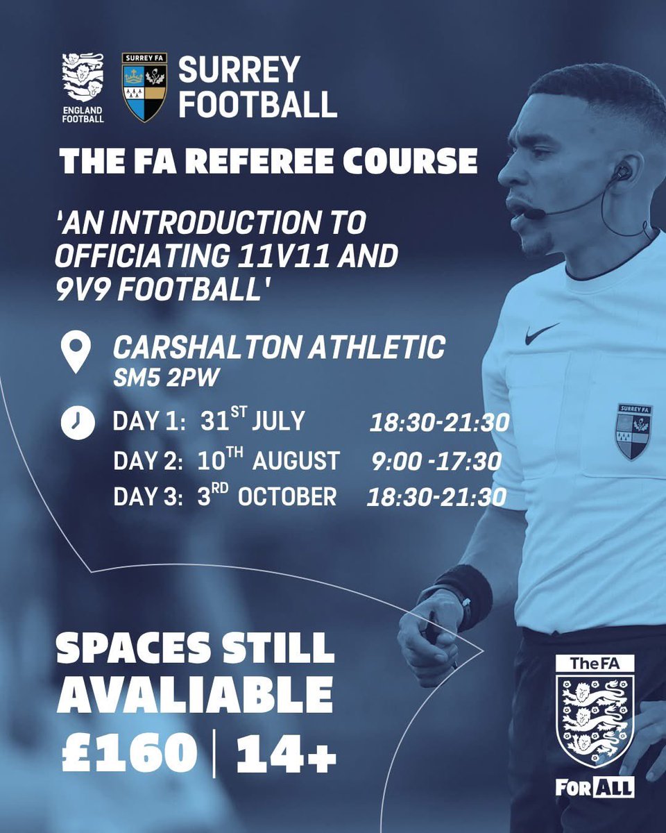 Referee course starting on 31st July at Carshalton Athletic organised by <a href="/surreyfa/">Surrey FA</a> 

To register click the below link:

thefa.pulse.ly/hfwgobwjjx

Any referee who qualifies and does 10 games for the SSFL will have their course fee refunded by us 💪🏻
