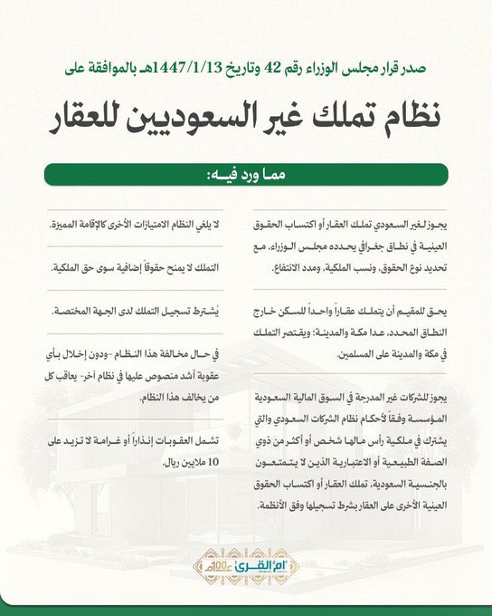 نشرت الصحيفة الرسمية مؤخرًا تفاصيل #نظام_تملك_غير_السعوديين_للعقار ؛ خطوة تنظيمية واعية تُعيد ضبط #المشهد_العقاري، وتفتح المجال أمام الاستثمار الأجنبي وفق معايير منضبطة وشفافة.

#النظام يُجيز التملك للأفراد والكيانات غير السعودية، لكن ضمن إطار محكوم بقرارات مجلس الوزراء يحدد
