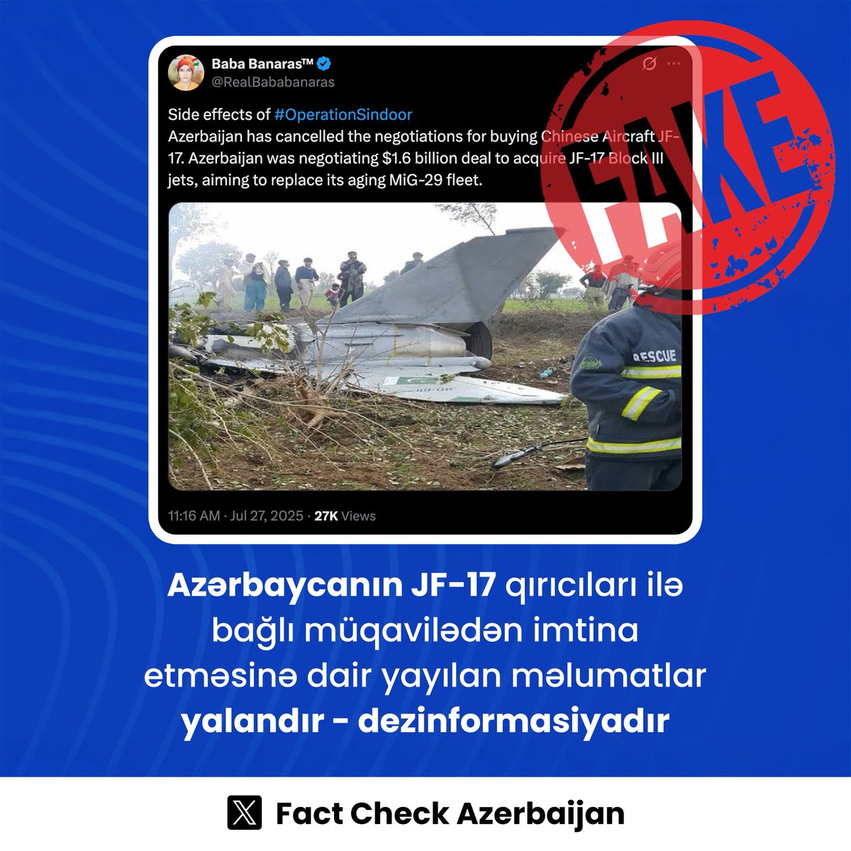 FactCheck_AZE's tweet photo. Azərbaycan Pakistandan JF-17C Blok 3 qırıcılarını alıb və ötən il həmin qırıcılar Bakıda Prezident İlham Əliyevə təqdim olunub. Həmin vaxt bildirilib ki, qırıcılar Azərbaycan Hərbi Hava Qüvvələrinin arsenalına daxil edilib.

Azərbaycanın JF-17 qırıcıları ilə bağlı müqavilədən imtina etməsinə dair yayılan məlumatın heç bir əsası yoxdur və dezinformasiyadır.