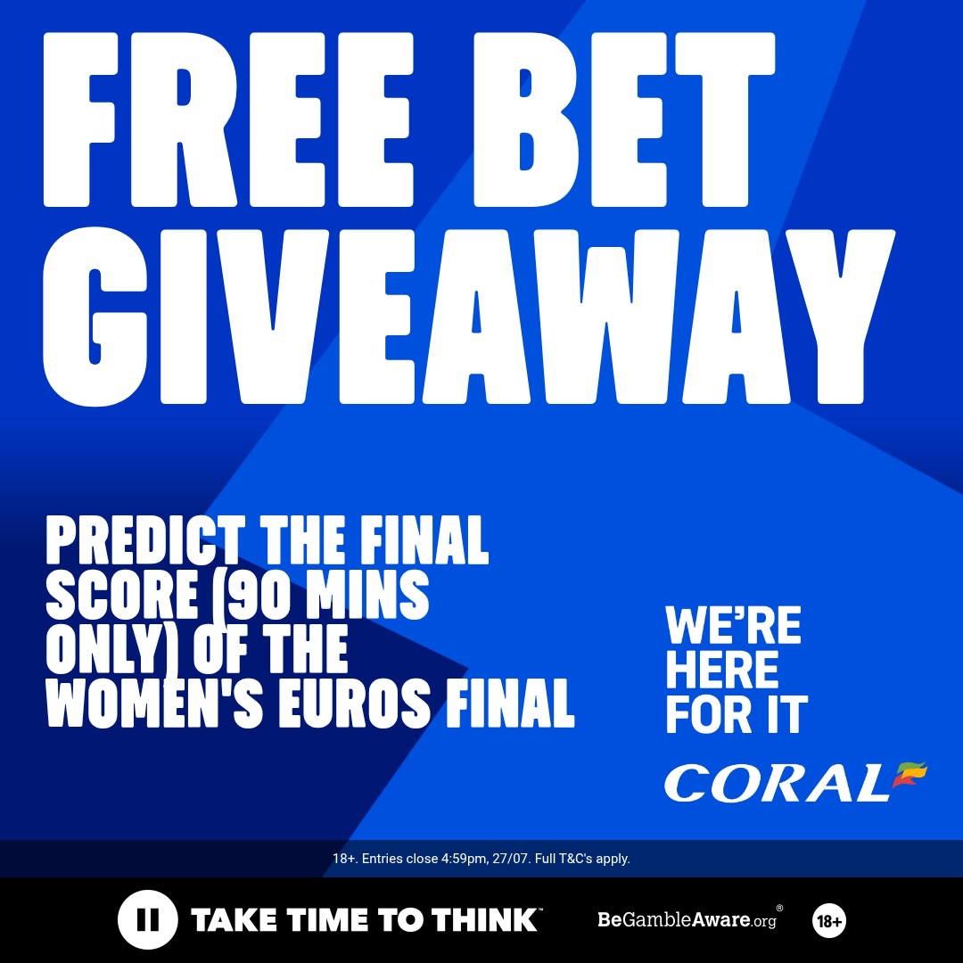 🚨 £100 FREE BET GIVEAWAY! 🚨 

🔵 Retweet and like this post 
🔵 Follow <a href="/Coral/">Coral</a> 
🔵 Correctly predict the final score (90 mins only) of the Women's EUROS Final 

One randomly selected correct prediction will win £100 in free bets! 🤑