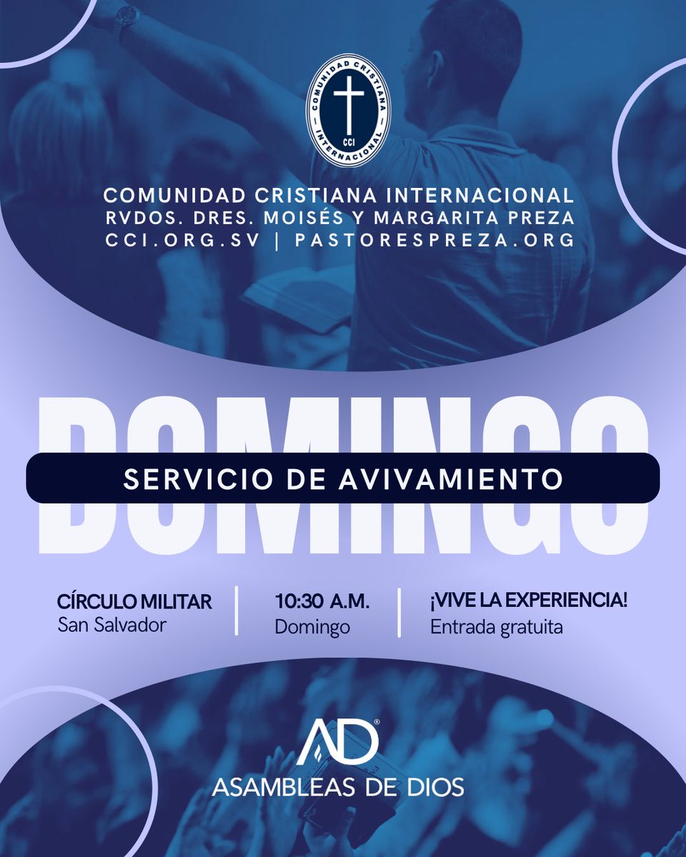 Dios no se ha olvidado de ti.

Este domingo, ven al Servicio de Avivamiento.

No estás solo. Dios sigue teniendo cuidado de ti.

Día: Domingo
Hora: 10:30 a.m.
Lugar: Círculo Militar, San Salvador

Rvdos. Dres. Moisés y Margarita Preza
PastoresPreza.org