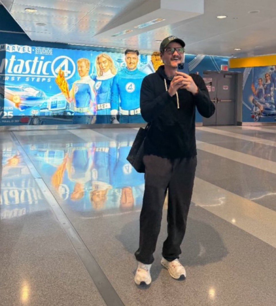 fantasticpascal's tweet image. pedro pascal is surrounded by billboards of himself as mister fantastic and you're asking me NOT to cry?!