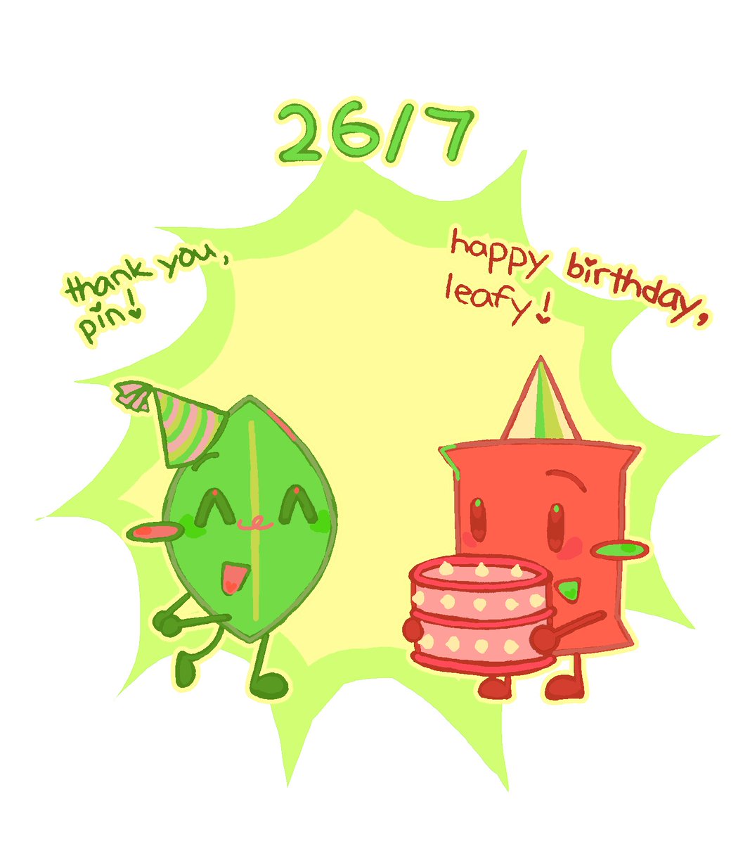 dailyleafpin's tweet image. DAY 36 #leafpin #osc #osctwt #oscfanart #bfdi 
happy birthday leafy!!!i love you my goat 💕 (pin baked the cake)