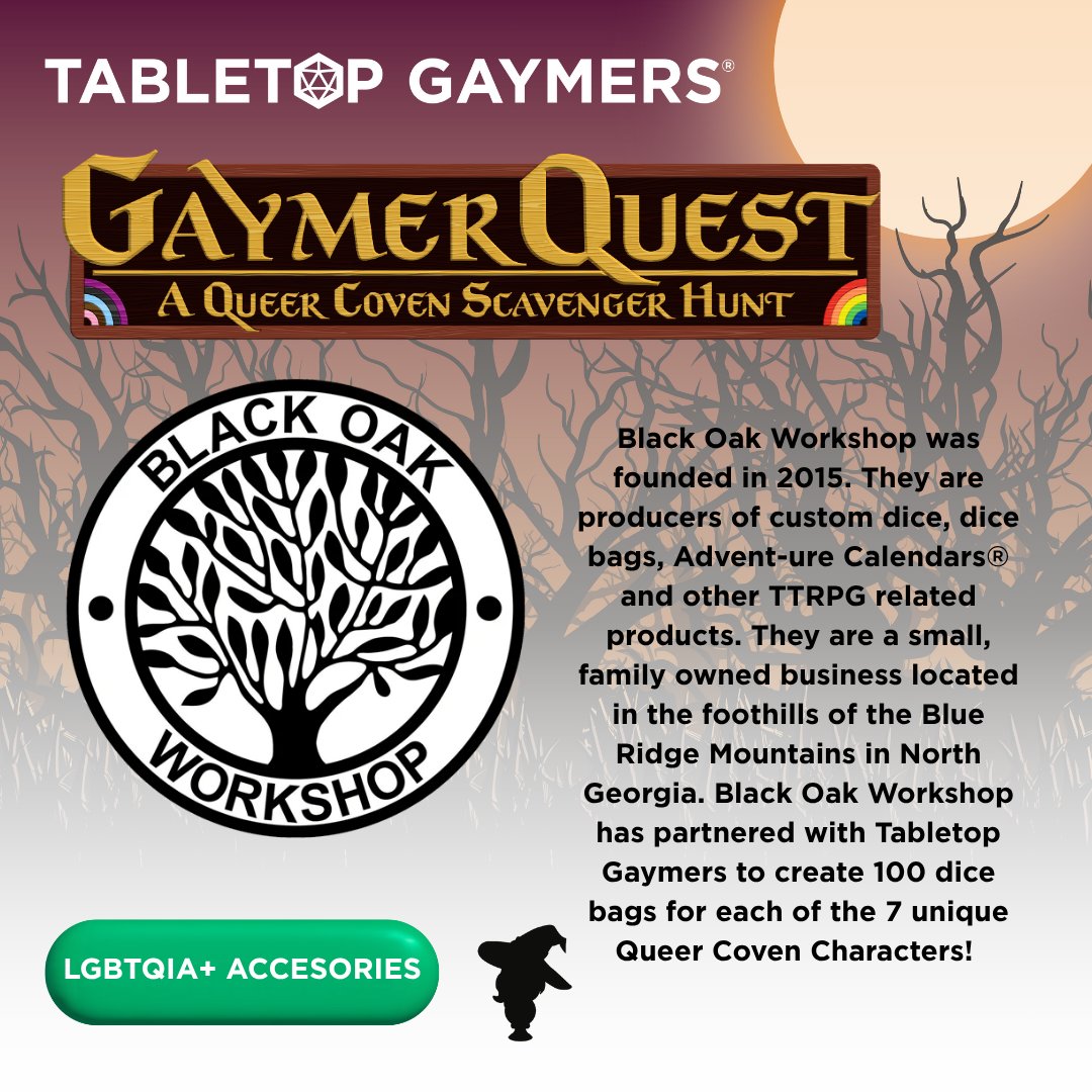 TabletopGaymers's tweet photo. Our first 3 stops on our Gaymer Quest scavenger hunt feature the LGBTQIA+ designers from @9thLevelGames, LGBTQIA+ accessories from @BlackOakWorshop, and LGBTQIA+ owned company @ResidentBard. https://t.co/Zbgjyi9LrO