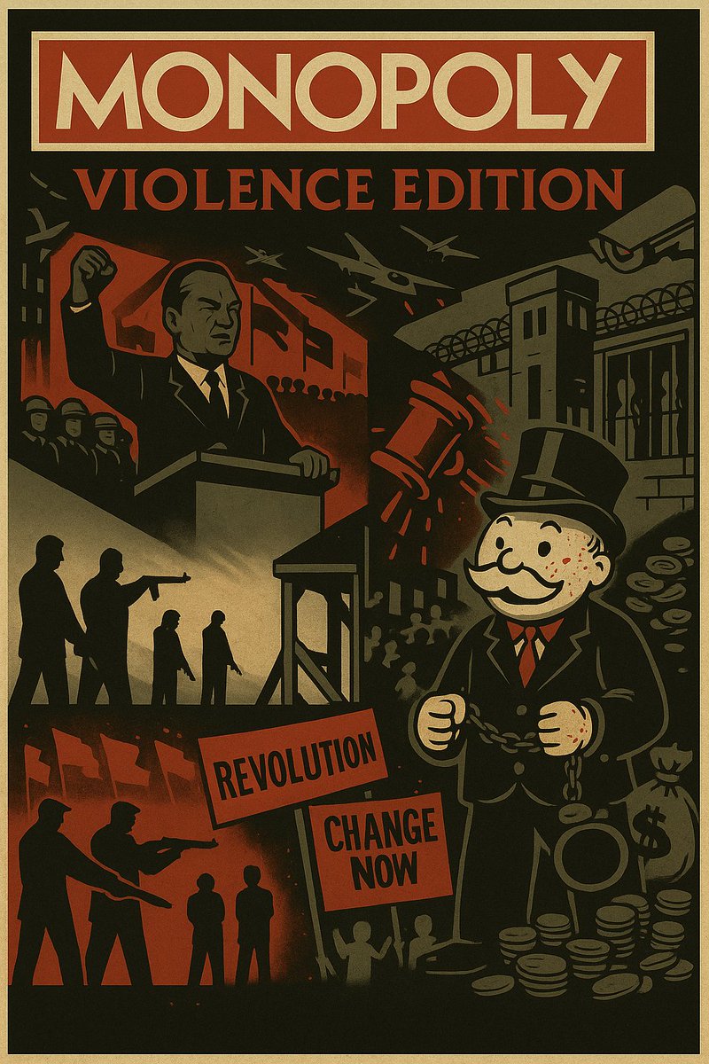 LowlandsLeo's tweet image. A game that starts with the bank owning everything and wherever you land on the board you have to pay rent, and everything you own or acquire is taxed into oblivion.
Your goal is to overthrow the bank in a succesful revolution without being jailed or executed by the government.