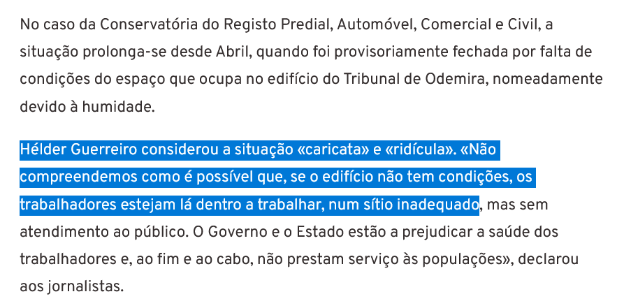 MarioEstevam3's tweet image. o país está melhor!
Odemira.
Hélder Guerreiro considerou a situação «caricata» e «ridícula». «Não compreendemos como é possível que, se o edifício não tem condições, os trabalhadores estejam lá dentro a trabalhar, num sítio inadequado, mas sem atendimento ao público.