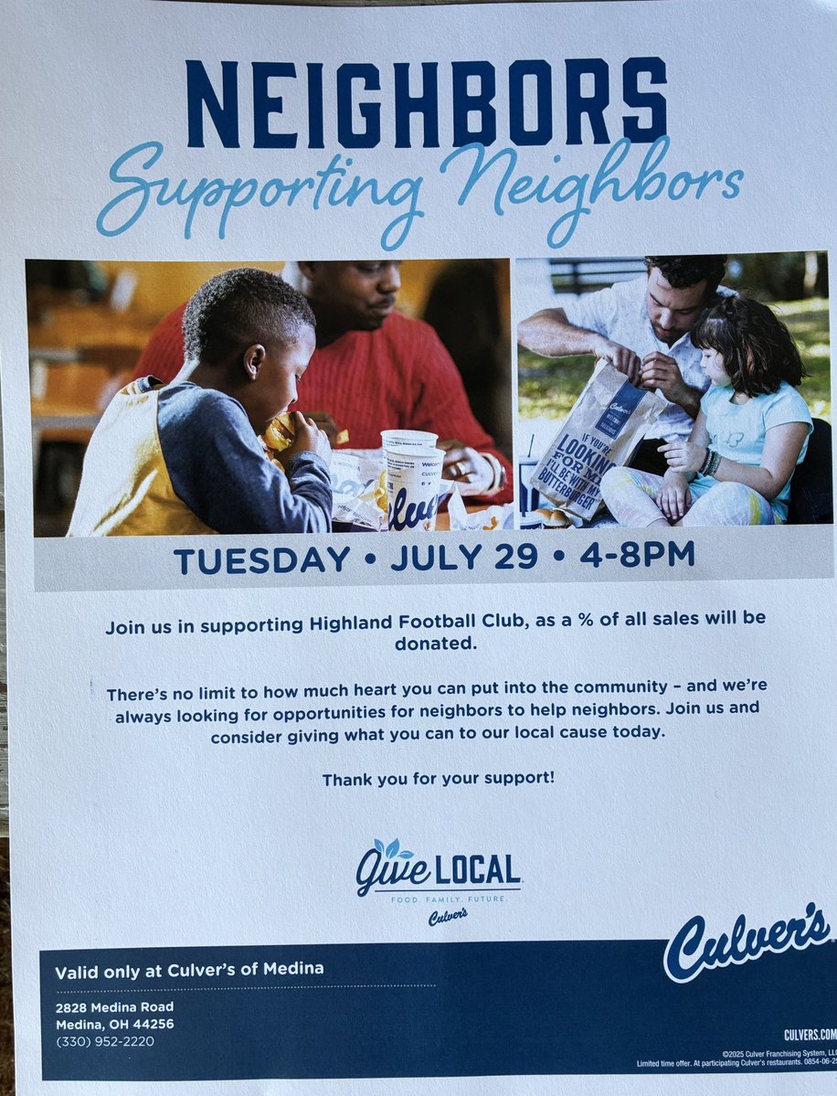 Take your team to Culver’s Tuesday to meet and eat with your Highland Hornets Football team 4-8pm!