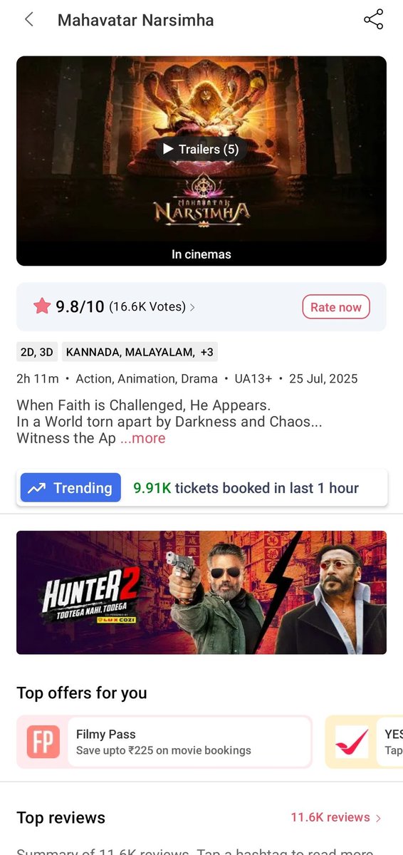 RC_Review_'s tweet image. #MahavatarNarsimha - 9.91 K Tickets Booked on last one hour 🤝