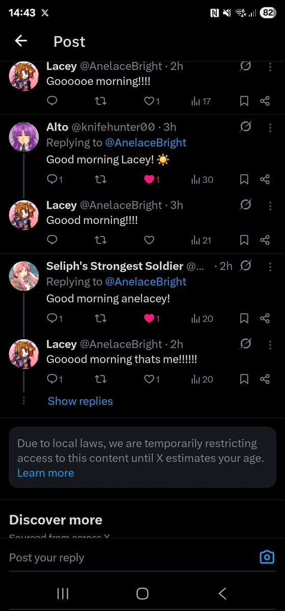 AnelaceBright's tweet image. Im really sorry if I miss anyone saying good morning but the local laws thing is auto detecting stuff 😭😭