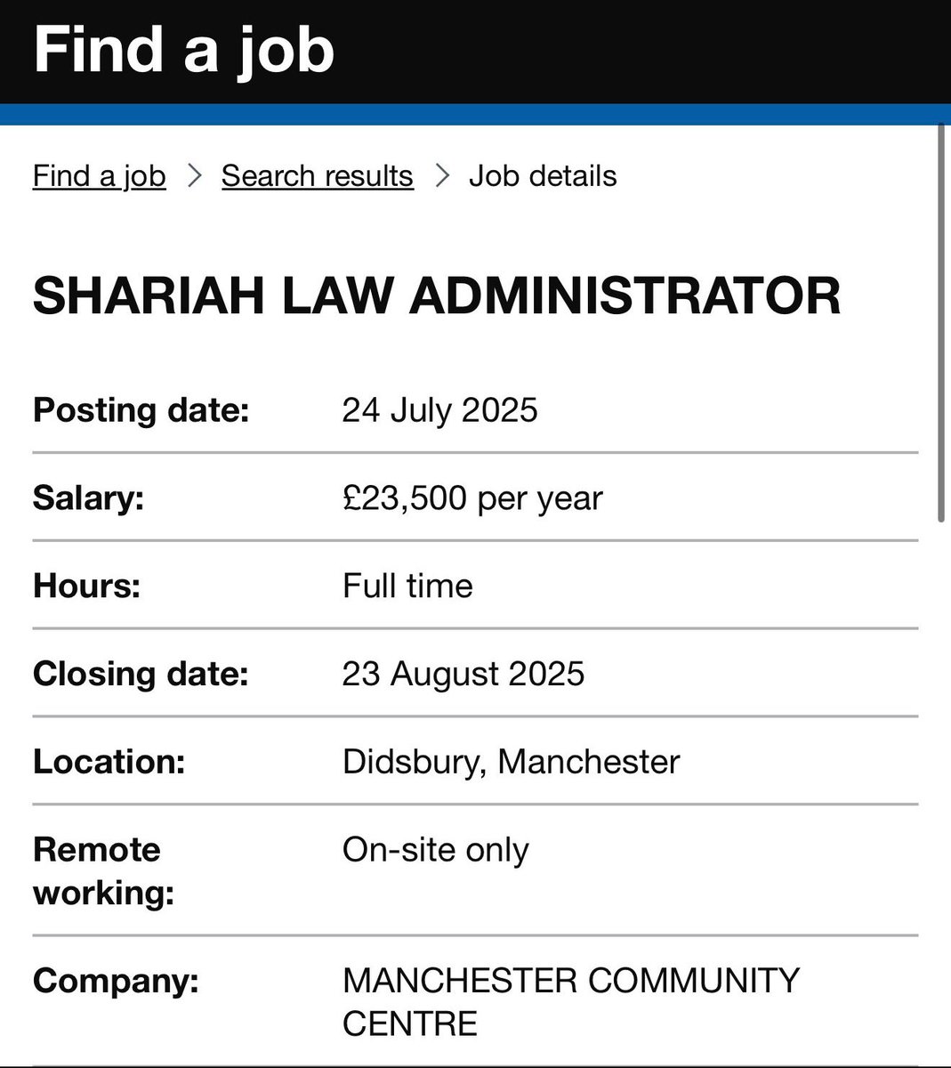 This should never, ever be allowed in Britain. The job requires a degree in Sharia Law, but only ‘familiarity’ with British law. Which says it all, really.