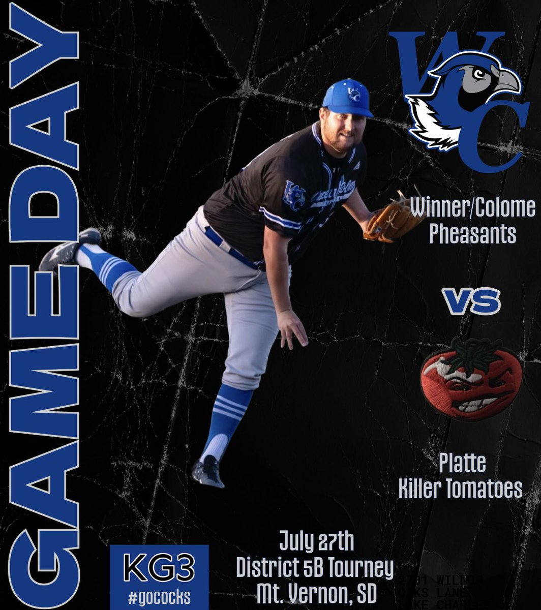 Winner/Colome Pheasants ⚾️ (@wcpheasants) on Twitter photo We are back at it this evening vs <a href="/PlatteKTs/">Killer Tomatoes</a> for a spot in the state tournament and the 5B title game. First pitch from Mt. Vernon is at 5:00pm. Stream live on <a href="/LiveTicketTv/">LiveTicket.Tv</a> #gococks #KG3 We are back at it this evening vs <a href="/PlatteKTs/">Killer Tomatoes</a> for a spot in the state tournament and the 5B title game. First pitch from Mt. Vernon is at 5:00pm. Stream live on <a href="/LiveTicketTv/">LiveTicket.Tv</a> #gococks #KG3