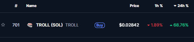 y00thereum's tweet image. $TROLL just reached #767 rank on CMC and is outperforming all crypto currencies in TOP 800 for 24h💹
700-800 $TROLL 69%
600-700 SURE 50%
400-500 EVA 44%
500-600 DBR 28%
200-300 REKT 27%
300-400 OMNI 23%
100-200 GLM 16%
0-100. Ethena 8.87%