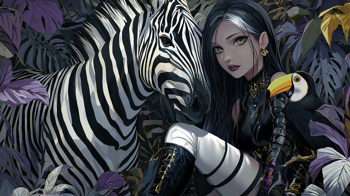 Maxime887812's tweet image. In a lush, mystical jungle, a fierce warrior princess forms an unbreakable bond with a zebra and a toucan, her loyal companions, as they protect their hidden realm from invaders.