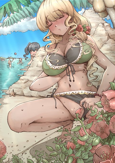 開放的におしっこをする海辺のお姉さん 