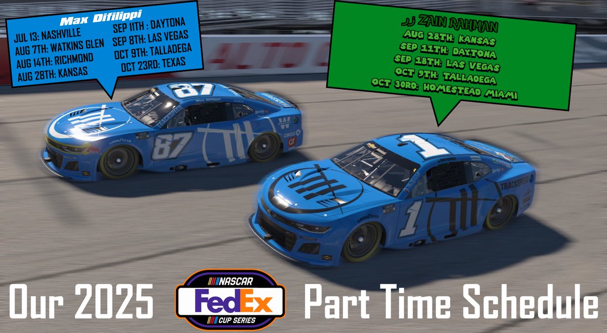 Team_Trackspeed's tweet image. Here’s Our Schedule For Which Race’s You’ll See Each Of Our Cars In The @iRacingFedEx25 Cup Series This Season Before We Go Full Time Next Season!