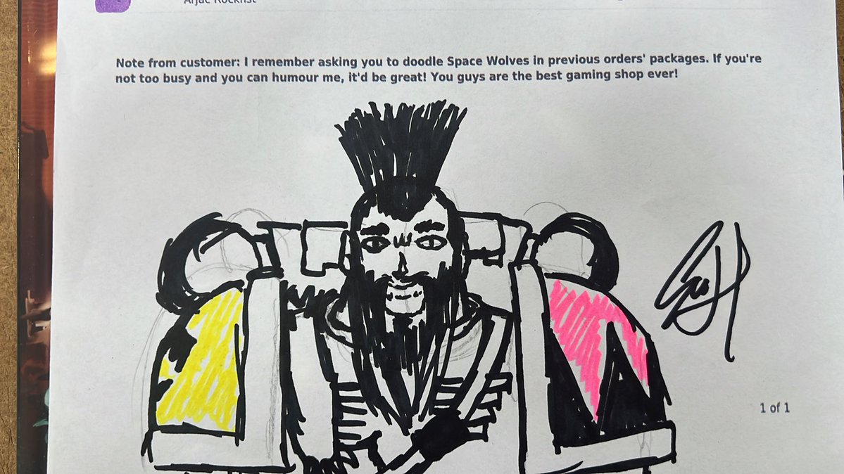 AlchemistsWorks's tweet image. Well #Warhammercommunity when a customer asks for a drawing and the manager has time you get a drawing #spacewolves #spacemarine #fun #makingpeoplehappy