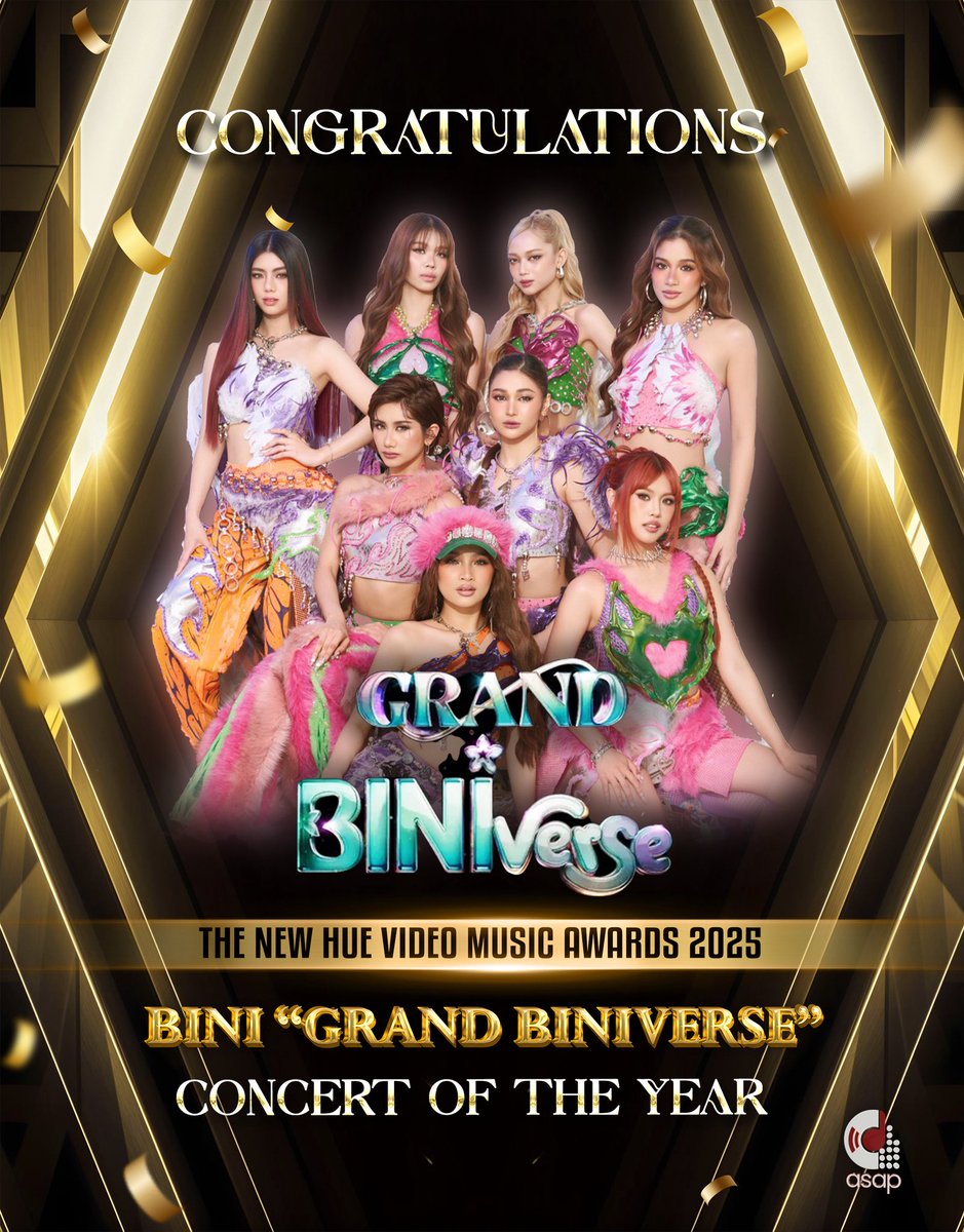 ASAPOfficial's tweet image. Congratulations to BINI and the incredible team behind &quot;BINI: Grand Biniverse&quot; for winning Concert of the Year at the New Hue Video Music Awards 2025! 🏆💖