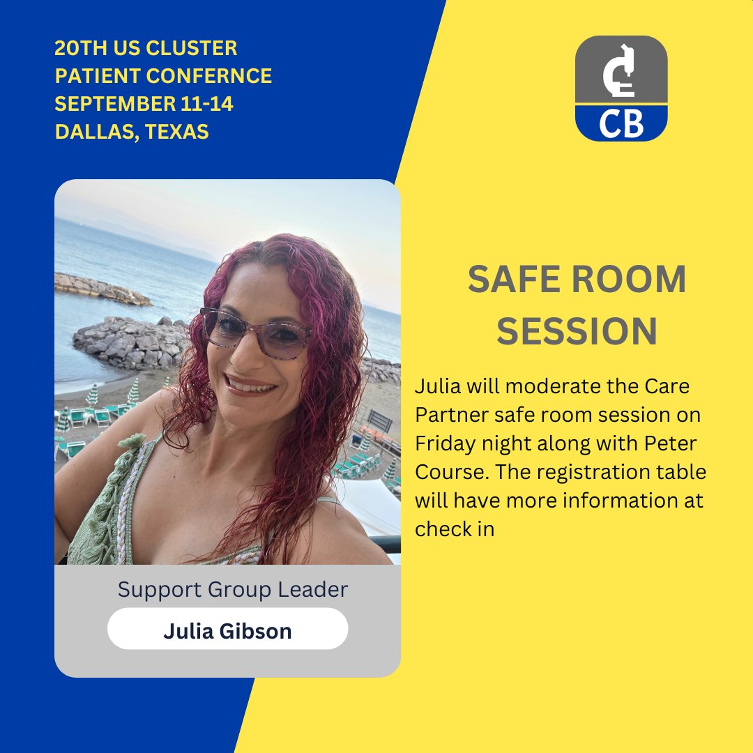 Cluster_buster's tweet image. Care Partner Safe Room Host- Julia Gibson
Clusterbusters 20th Annual US Patient Conference
Grapevine (DFW), TX September 11-14th
More information and register here: cbdallas2025.planningpod.com