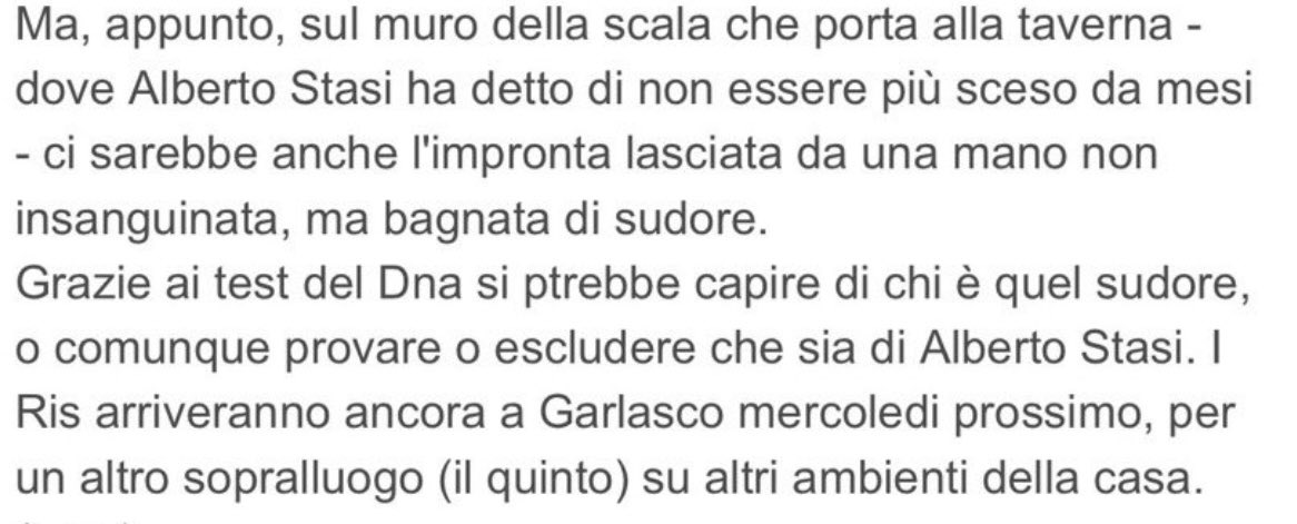 DieghiTOP_8's tweet image. “Sul muro della scala che porta alla taverna ,ci sarebbe anche l’impronta lasciata da una mano non insanguinata,ma bagnata di sudore.”
CURIOSO DI COME ANCHE NEL 2007 SI PARLAVA DI QUESTA IMPRONTA…
“I Ris arriveranno ancora a Garlasco mercoledì prossimo,per un altro sopralluogo…