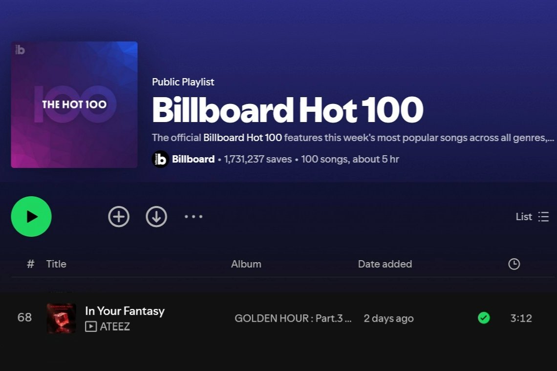 ATEEZstrm's tweet image. 📢 음원 플랫폼 공식
[빌보드 핫100] 플리 업데이트
에이티즈 &apos;In Your Fantasy&apos;!

스포티파이 by Billboard
🔗 open.spotify.com/playlist/6UeSa…
🐞 essential;
🔗 music.bugs.co.kr/musicpd/albumv…

ℹ️ 핫백 소식 + 티니들 꾸준 감상으로 2주 한국 차트까지🎵 — 스포티 15일간 진입/VIBE 일간 최고순위 #115👍 #ATEEZ