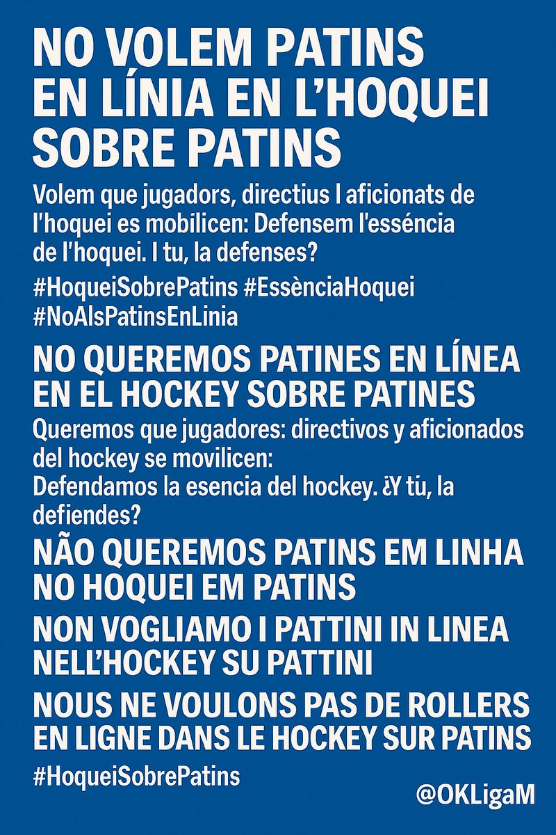 NO VOLEM PATINS EN LÍNIA EN L’HOQUEI SOBRE PATINS

Volem que els jugadors, directius i aficionats de l’hoquei es mobilitzin fent like i RT a aquesta publicació.

Defensem l’essència de l’hoquei. La defenses?

<a href="/Frvhoqp/">FRV</a> <a href="/HoqueiPT/">HóqueiPT</a> <a href="/som_dhoquei/">Som d'Hoquei</a> <a href="/Joanferran78/">Joan Ferran Martí</a> <a href="/FedPatinaje/">RFEPatinaje</a> <a href="/9Voltrega/">Marc Pujalte</a>