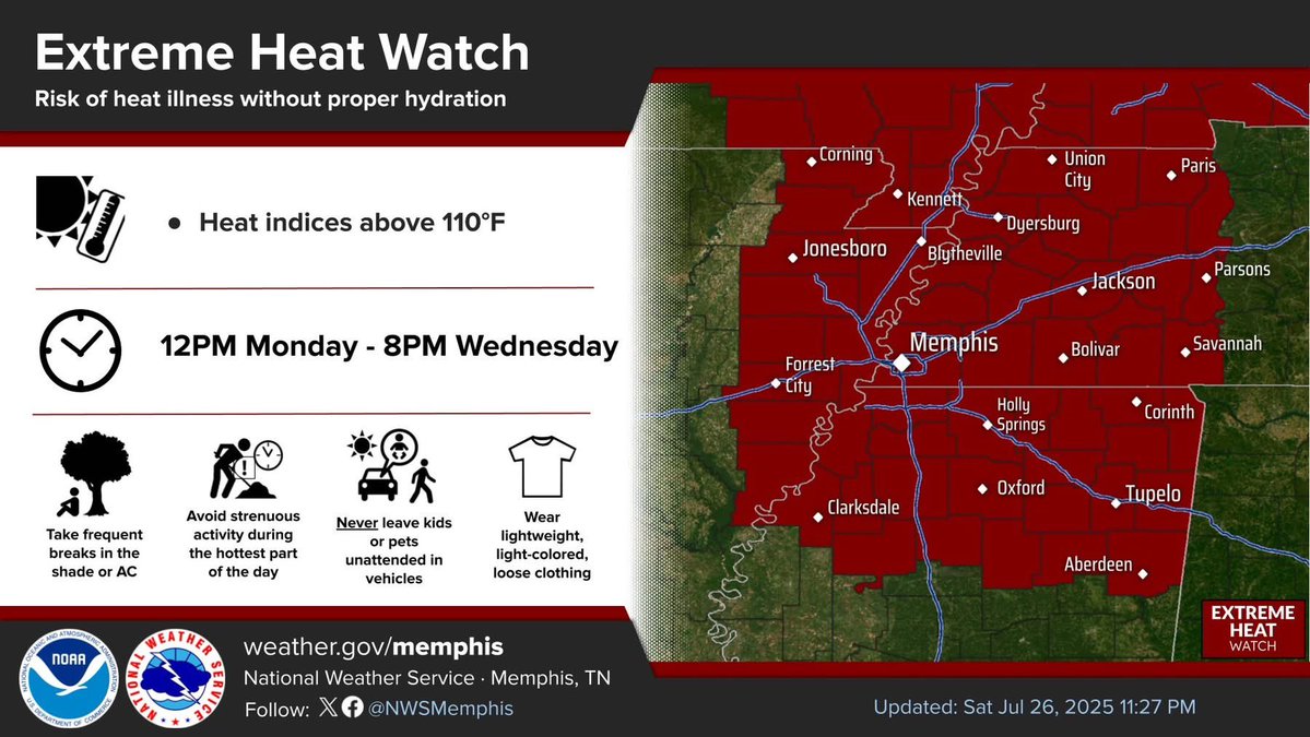 LafayetteEMA's tweet image. 🚨 Heat Alert for Lafayette County 🚨
🥵 Heat Advisory today thru 9 PM – indices up to 108°F
🔥 Extreme Heat Watch Mon-Wed – indices above 110°F
✅ Stay hydrated
✅ Take breaks in shade/AC
✅ Never leave kids/pets in cars
✅ Wear light, loose clothing