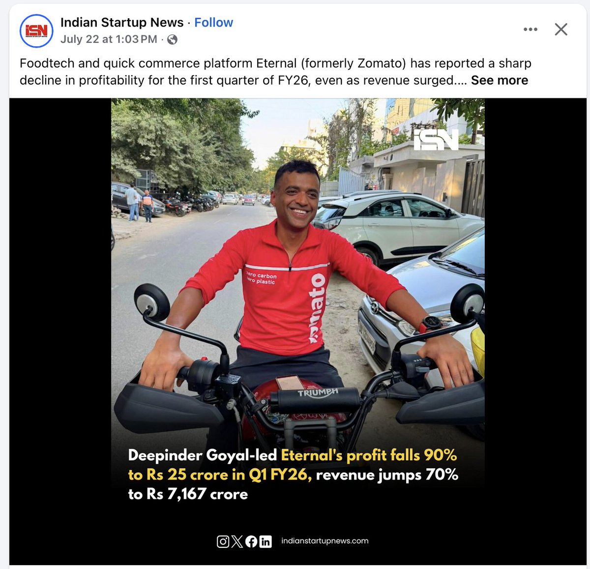 TheBigGeek's tweet image. Hey @indstartupnews Thoda Kam Fainko, Fake News Chalane ka kya fayeda, Q1 FY26 ke results aapko pehle hi mil gaye, jyotish vidya thodi hai yeh?
This is downright wrong what you are doing. Screenshot from my Facebook Feed (Link facebook.com/share/p/1C5T5R…)
CC: @deepigoyal @zomato