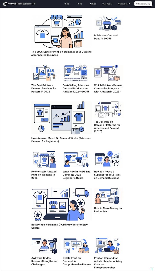 Just gave the blog on printondemandbusiness.com a full visual refresh.

✅ Clean 16:9 illustrations
✅ On-brand vector style
✅ Cohesive, scannable layout
✅ Feels more like a real publication now

Check it out &amp; let me know what you think 👇
printondemandbusiness.com/blog/

#buildinpublic