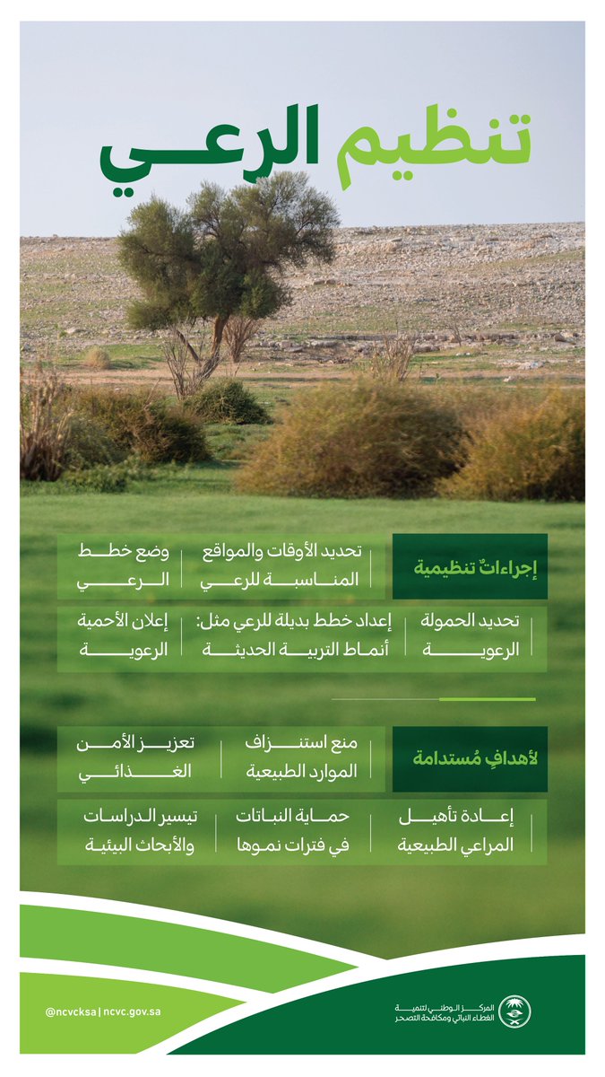 ncvcksa's tweet image. ضمن إطار اختصاصاته ومهامه لتعزيز الاستدامة البيئية، يعمل المركز على تنظيم الرعي؛ بهدف الحفاظ على الغطاء النباتي والاستغلال المُستدام للثروات الطبيعية؛ تحقيقًا لمستهدفات #رؤية_السعودية_2030
#ننميها_للغد