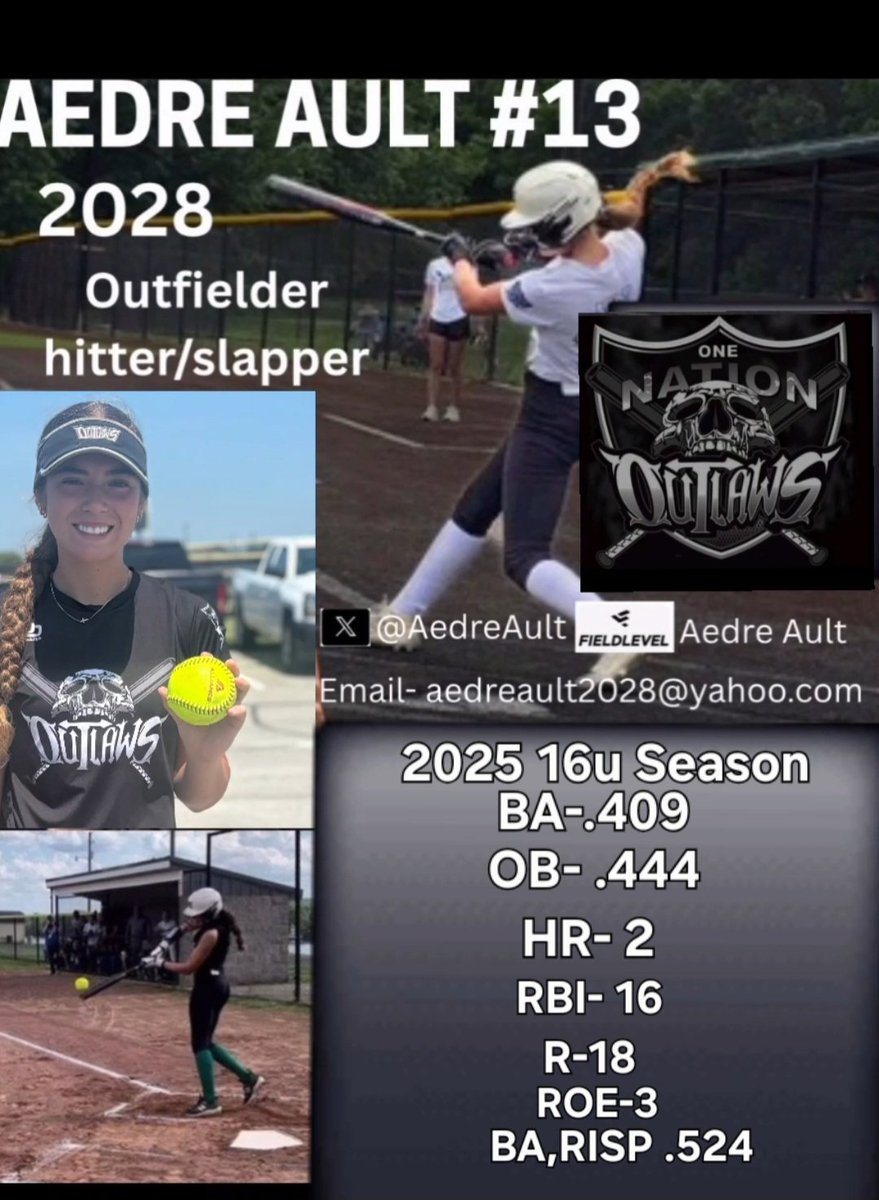 Aedre Ault 2028🥎 (@aedreault) on Twitter photo My Team played amazing the entire 16u Year 2024-2025. The Elite 8 <a href="/thealliancefp/">The Alliance Fastpitch</a> & Runners-up Up IDT this summer. I'm looking forward to a few camps the rest of summer and fall! ☠️ <a href="/Outlaws09Nat/">Ohio Outlaws 09 National Leggins</a>
Class of 2028/OF -Hitter/Slapper 5'9"
<a href="/CoastRecruits/">Coast 2 Coast Recruits</a> <a href="/los_stuff/">Carlos Arias</a> <a href="/LineDsoftball/">Line Drive Media</a> My Team played amazing the entire 16u Year 2024-2025. The Elite 8 <a href="/thealliancefp/">The Alliance Fastpitch</a> & Runners-up Up IDT this summer. I'm looking forward to a few camps the rest of summer and fall! ☠️ <a href="/Outlaws09Nat/">Ohio Outlaws 09 National Leggins</a>
Class of 2028/OF -Hitter/Slapper 5'9"
<a href="/CoastRecruits/">Coast 2 Coast Recruits</a> <a href="/los_stuff/">Carlos Arias</a> <a href="/LineDsoftball/">Line Drive Media</a>