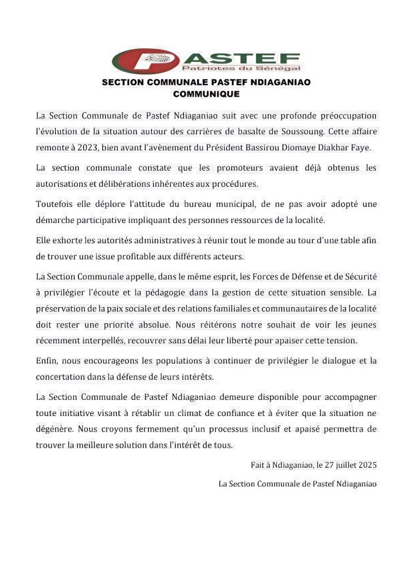 considerant31's tweet image. Communiqué de PASTEF Ndiaganiao sur le conflit entre agriculteurs de Soussoung et les promoteurs d’une carrière de basalte portant sur 120 hectares.
Pour rappel : les populations ont été réveillées par la présence des forces de l’ordre. Ces dernières sont venues avec huit…