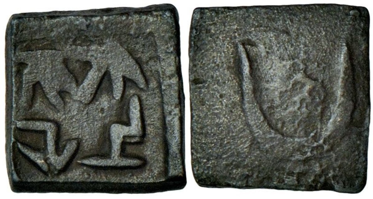 yajnadevam's tweet image. Ancient coin from Kaushambi with what looks like an Indus jar sign on the reverse.