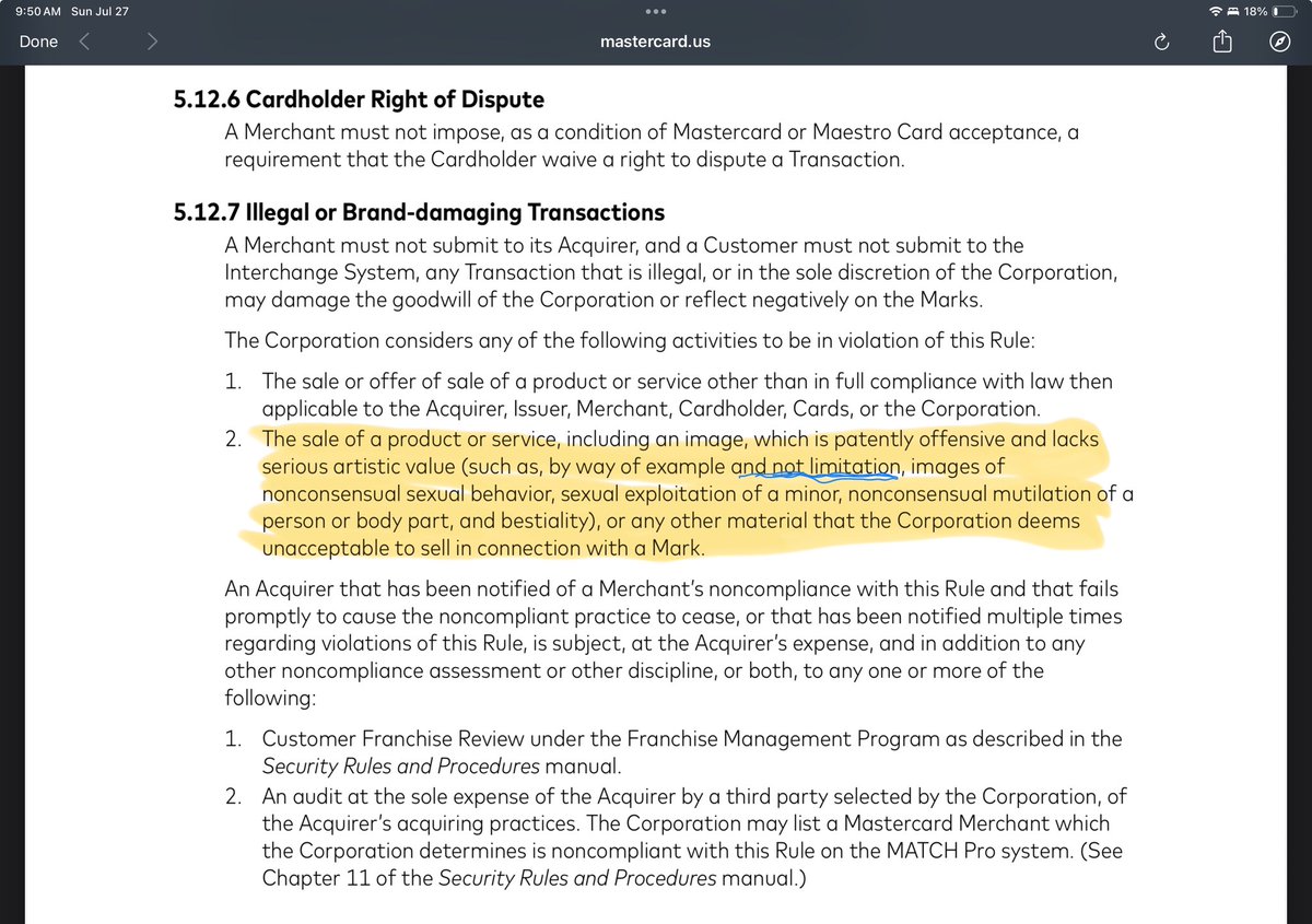 Mastercard’s legal speak is similar to Visa’s, but their rules are more condensed and make up over 400 pages. 

I went through it all myself and this is the most important part, once again allows for “this is a list but it isn’t the full list”

“Nonconsensual mutilation” applies