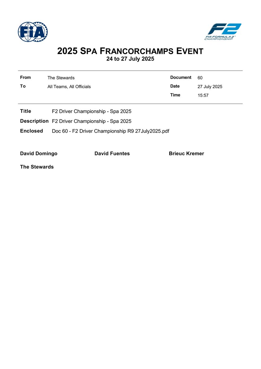 f2docsbot's tweet image. New document: Doc 60 - F2 Driver Championship - Spa 2025
Published on 27.07.25 15:57 CET
fia.com/system/files/d…
#F2 #Formula1 #FIA