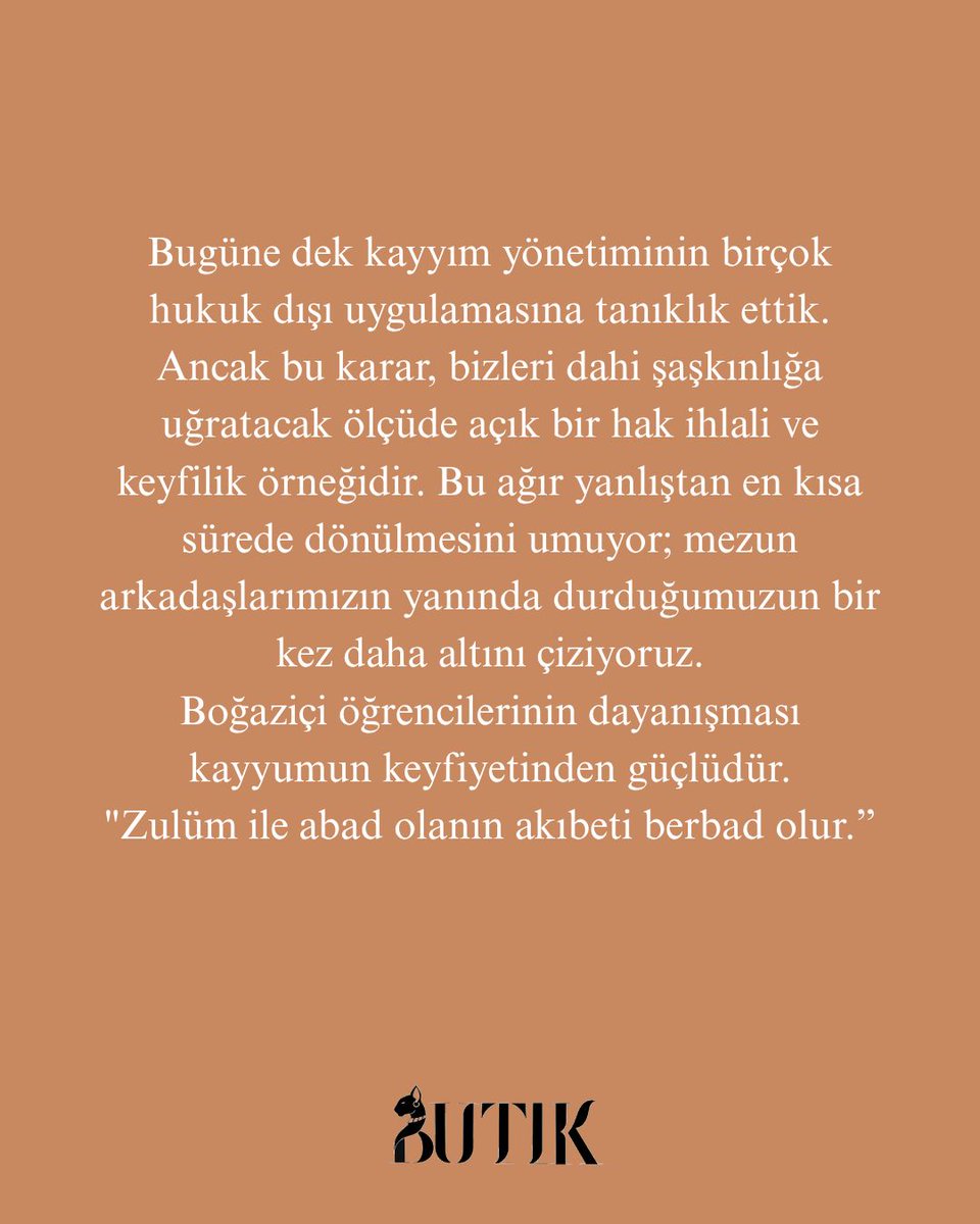 butikboun's tweet image. Boğaziçi Üniversitesi Tarih İncemeleri Kulübü olarak arkadaşlarımızın yüksek lisans kabullerinin iptaline dair açıklamamızdır.
&quot;Zulüm ile adab olanın akıbeti berbad olur.&quot;