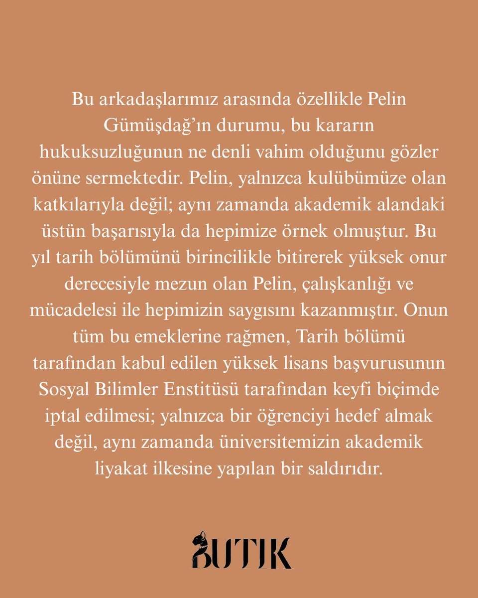 butikboun's tweet image. Boğaziçi Üniversitesi Tarih İncemeleri Kulübü olarak arkadaşlarımızın yüksek lisans kabullerinin iptaline dair açıklamamızdır.
&quot;Zulüm ile adab olanın akıbeti berbad olur.&quot;