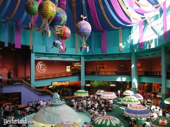 HistoryAtDisney's tweet image. From the early 1990s to mid 2000s, The Land pavilion at EPCOT Center was marked by its original facade, food court balloons, and iconic attractions like Food Rocks and Living with the Land, with a live narrator. It was a vibrant blend of edutainment before major updates arrived.