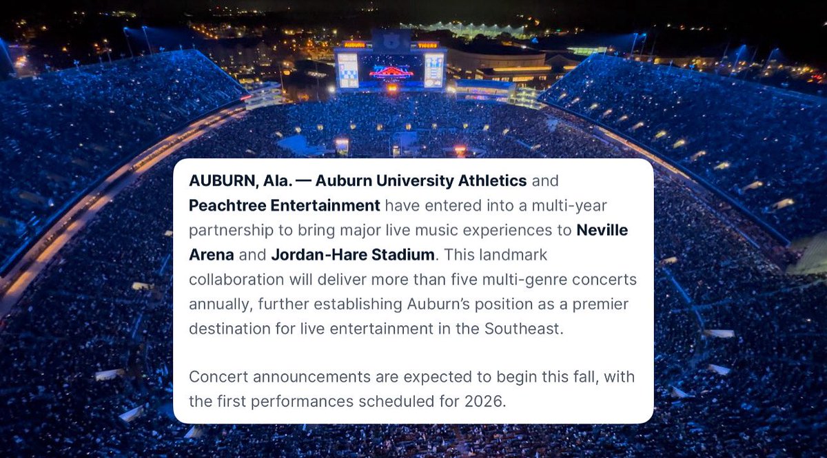 AUFAMILY's tweet image. This week AU announced a partnership with @PeachtreeEnt to bring live music to Jordan-Hare and Neville. Which artists do you hope to see in Auburn?