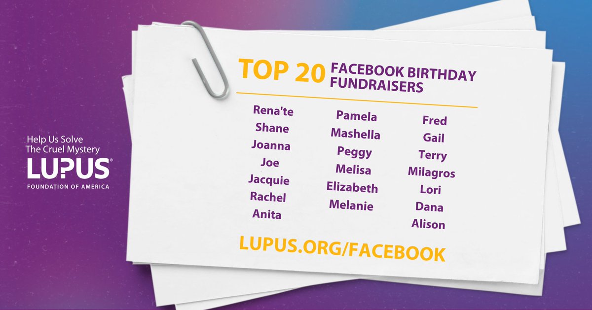 Here are July's top 20 Facebook birthday fundraisers! We’re so grateful for your impact and dedication. 💜

🎂 Got a birthday coming up? Celebrate with a Facebook fundraiser for the Lupus Foundation of America and help fuel research, support, and care: buff.ly/51War5e