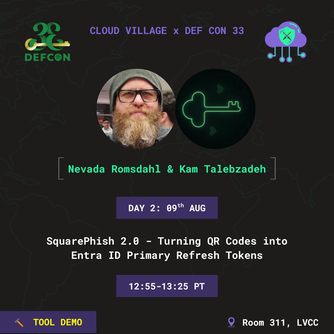 cloudvillage_dc's tweet image. 🎯 Catch @nevadaromsdahl & @0xZDH at Cloud Village @defcon 33!
🧪 Tool Demo: “SquarePhish 2.0 – Turning QR Codes into Entra ID PRTs”
📍 Room 311, LVCC
🗓️ Aug 9 | 🕐 12:55–1:25 PM PT
🔗 cloud-village.org/dc33
#CloudVillage #ToolDemo #Phishing #DEFCON33 #HackerSummerCamp