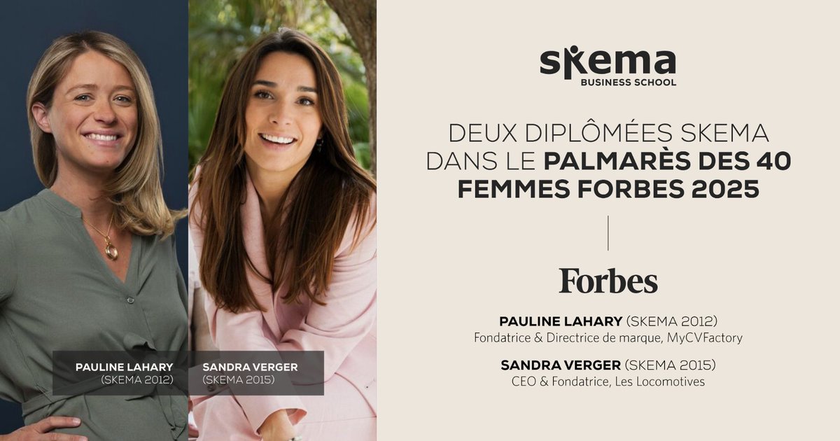 [YOU MAY HAVE MISSED 🔄] Two SKEMA alumnae have been featured in <a href="/forbes_fr/">Forbes France</a> magazine's list of 40 women who are shaping the year 2025: Pauline Lahary (SKEMA 2012) and Sandra Verger (SKEMA 2015). Learn more about their careers: fcld.ly/uwos7hd #WeAreSKEMA