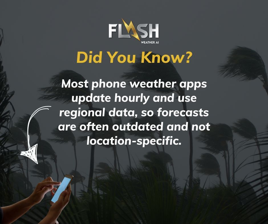 FLASHWeatherAI's tweet image. ⌛ Did you know most phone weather apps only update once an hour using broad, regional data? That means outdated forecasts and missed changes right where you are.
⚡ #FlashWeatherAI updates every 2 minutes with hyper-local alerts built for fast-changing conditions.