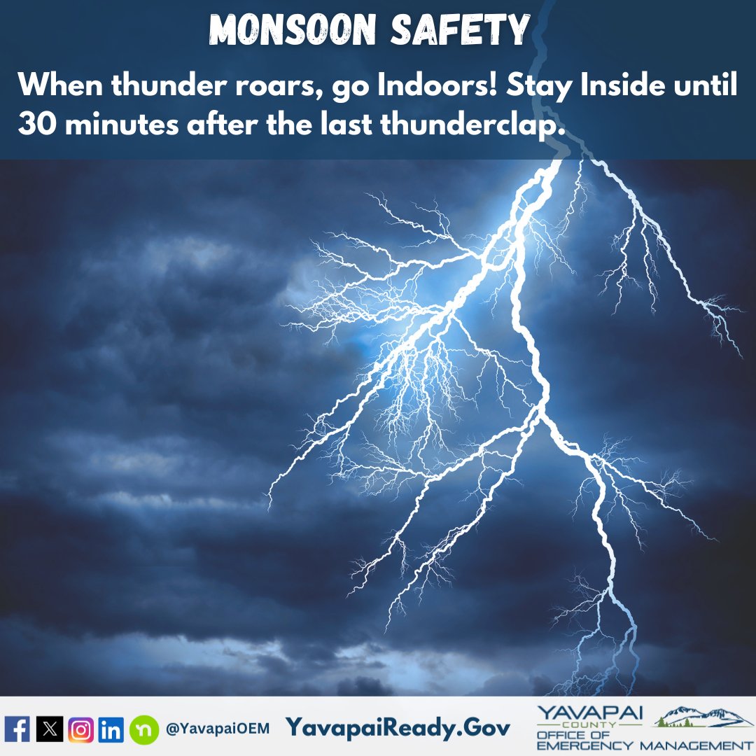 YavapaiOEM's tweet image. ⚡ When thunder roars, go indoors! Wait at least 30 minutes after the last thunderclap before heading back outside.
Lightning safety saves lives.
#MonsoonSafety #LightningAwareness #YavapaiReady #YavapaiCounty