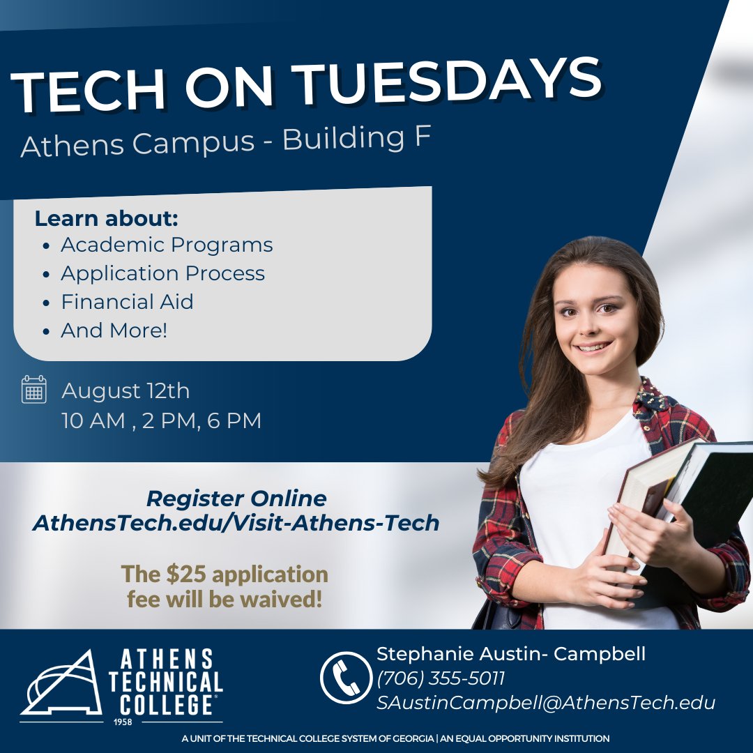 Interested in attending Athens Technical College? Visit us at one of our Tech on Tuesday events! We have sessions on August 12th in Athens. To register, visit AthensTech.edu/Visit-Athens-T….