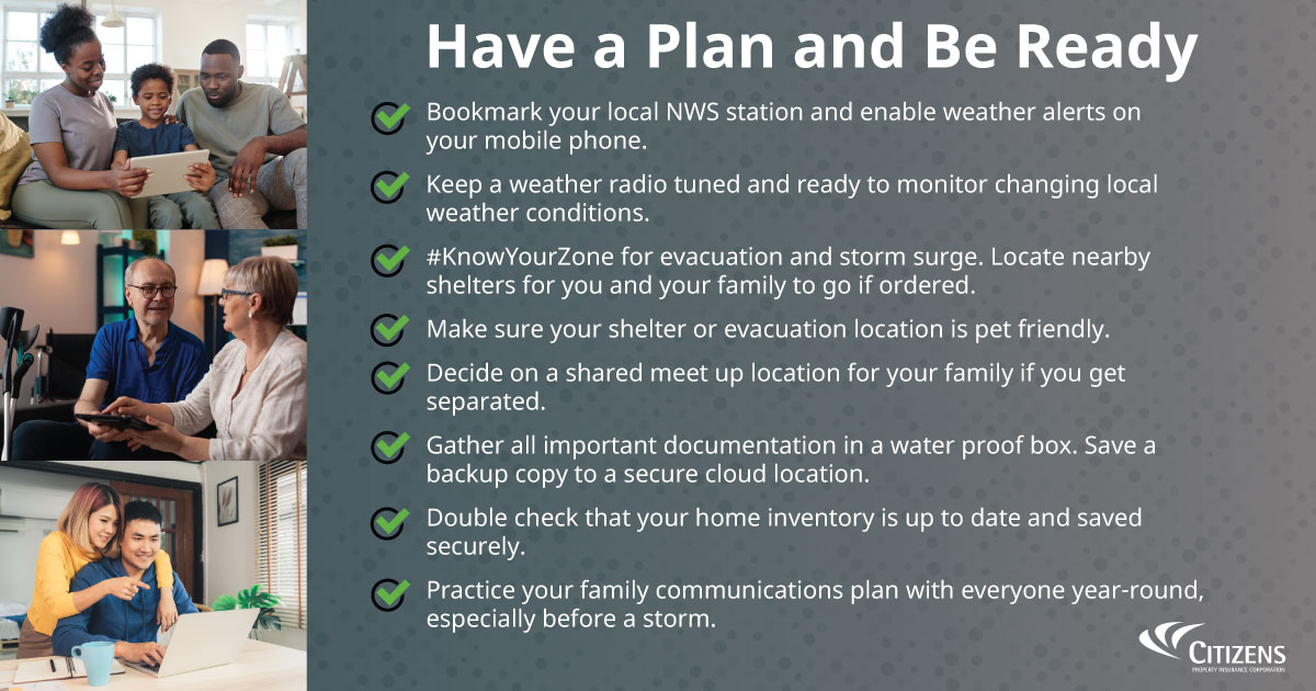 citizens_fla's tweet image. #PrepTip: Stay safe & be #StormReady:
📻 Have multiple ways to get weather alerts
🏡 Prepare your home
📋 Review your family emergency plan
💼 Stock emergency supplies
🐶 Consider your pets' needs
More: ready.gov/hurricanes
#CitizensIsReady