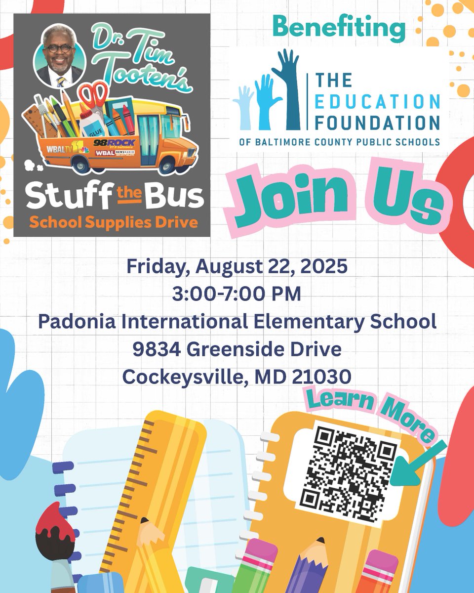 💙 In memory of the late Dr. Tim Tooten, help <a href="/foundationbcps/">The Education Foundation of BCPS</a> Stuff the Bus on Friday, August 22, at Padonia International Elementary School!

Learn more at educationfoundationbcps.org/stuff-the-bus