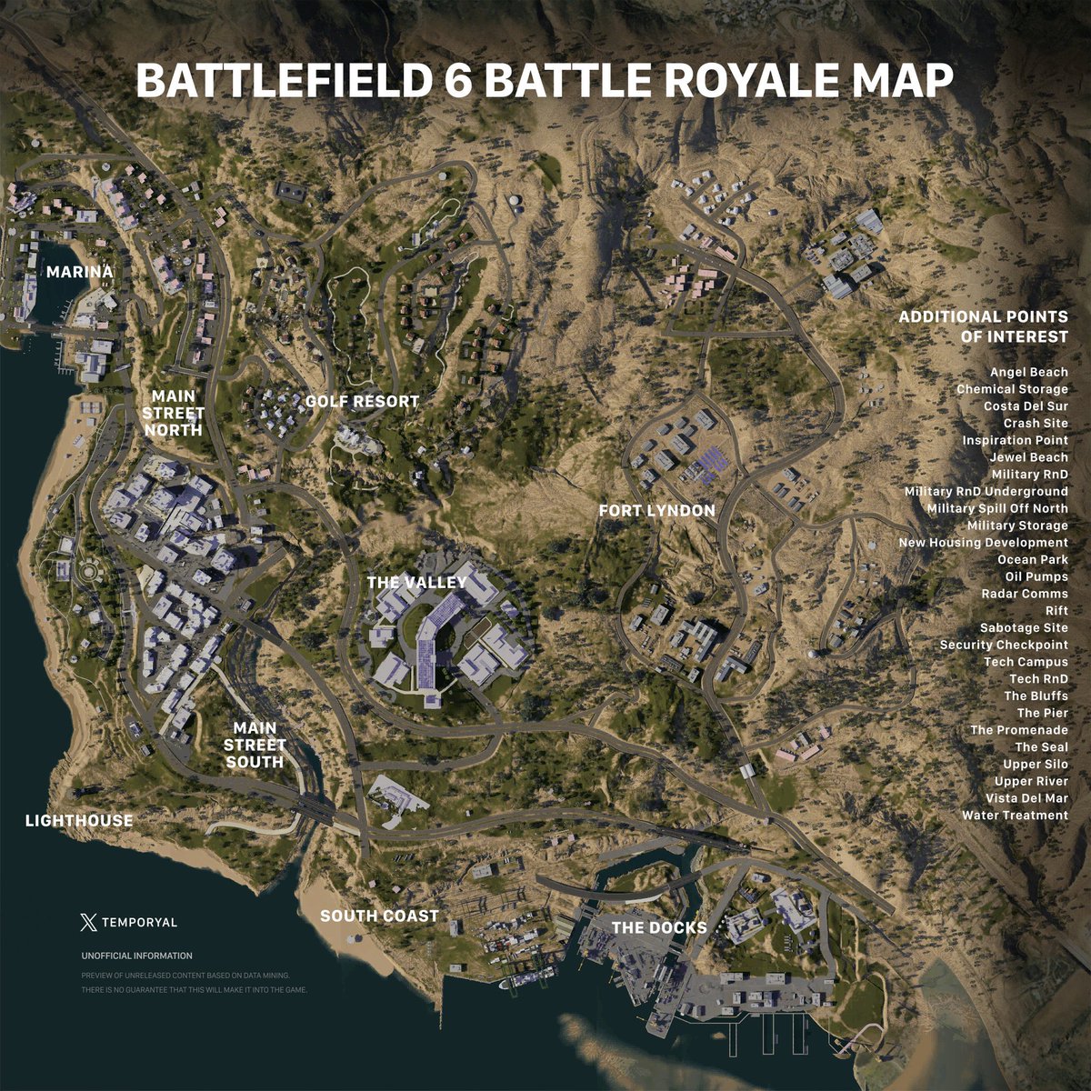 ModernWarzone's tweet image. 🚨 BATTLEFIELD 6 BR MAP?! 🚨
Dataminer @temporyal has made a recreation of the BF6 BR map
• Potentially called “Lyndon Beach”
• Scattered hints of a metro system 🚊
• Some POIs shown on map for context, others listed on right
Currently labeled “Battlefield Royale” in game